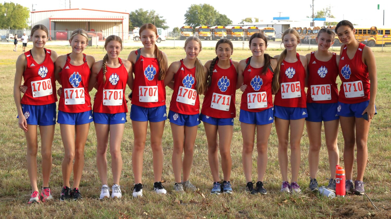 Alba-Golden eighth-grade cross country team of, from left, Briana Ringgold, Averi Stevenson, Callie Campbell, Sophia Richardson, Sadie Wright, Jayla Sitar, Peyton Clark, Maddie Moore, Tayla Peterson and Harlow Sauceman won the middle school competition at Lone Oak.